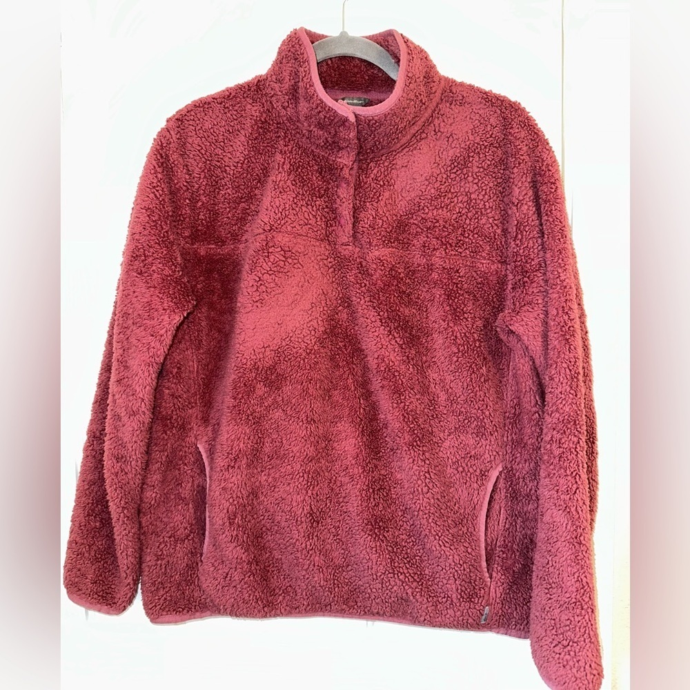 Eddie Bauer Women’s M Red Mauve Teddy Bear Fleece 1/4 Button Pullover Jacket